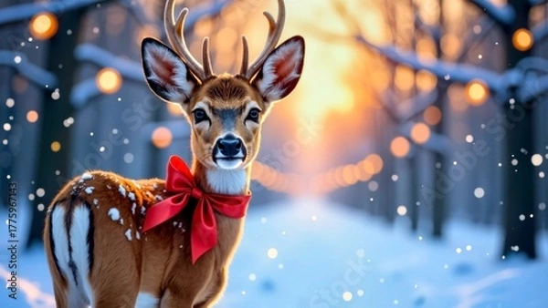 Fototapeta The warm snow scenery of deer wearing red ribbons in the forest
