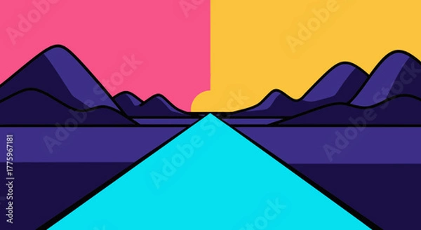 Fototapeta Vibrant abstract landscape with a road leading to a colorful horizon under stylized mountains.