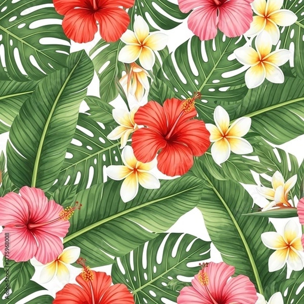 Fototapeta Lush Tropical Seamless Pattern with Vibrant Red & Pink Hibiscus, Plumeria, and Monstera Leaves on White.