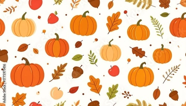 Fototapeta Autumnal pattern pumpkins, apples, leaves, and acorns scattered on a white background