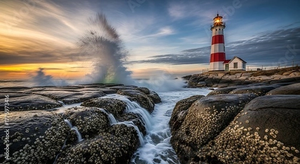Fototapeta Dramatic Lighthouse Amidst Crashing Waves and Golden Sunset Sky.