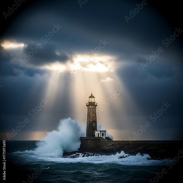 Fototapeta Dramatic Lighthouse Beacon - Sunbeams Pierce Stormy Clouds over Crashing Waves.
