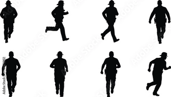Obraz Silhouette collection of firefighters running and walking, emergency rescue workers in motion, safety profession illustration, hero teamwork concept, and fire service design