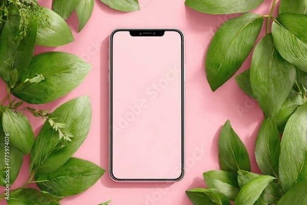 Fototapeta Smartphone surrounded by fresh greenery on a pink background