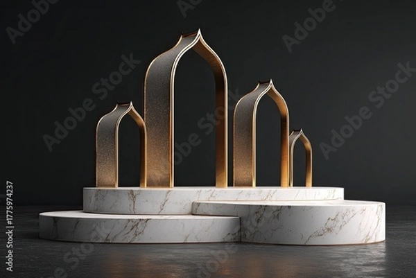 Fototapeta A tiered, marble podium with golden arches