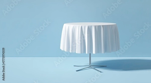 Fototapeta Empty white tablecloth round table against light-blue backdrop
