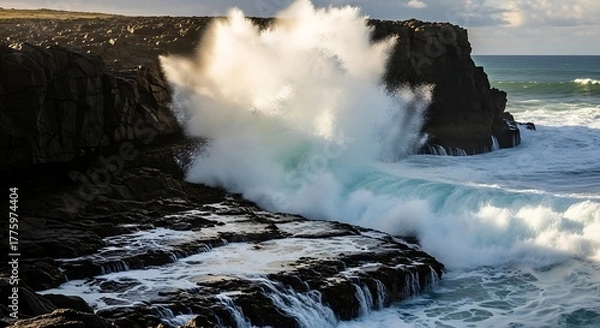 Fototapeta Dramatic Ocean Wave Crashing Against Rocky Cliffs, Spray and Sunlight Burst.