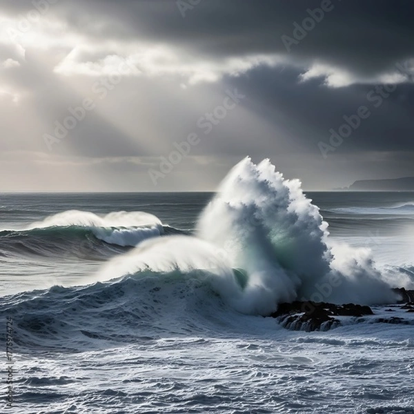 Fototapeta Dramatic Ocean Waves Crashing Against Rocky Shore Under Moody Stormy Sky with Sunbeams.