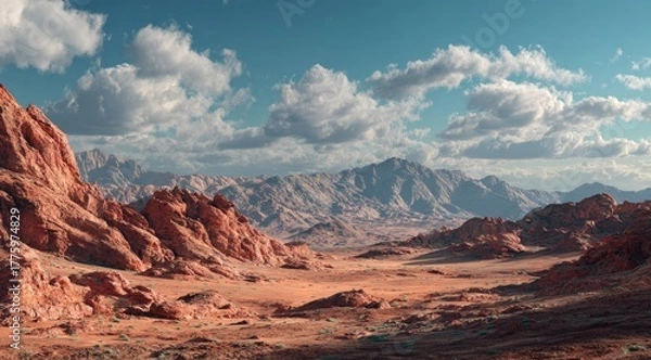 Obraz Vast desert landscape with vibrant red rock formations, dramatic mountains, and a pale sky