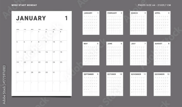 Fototapeta 2026 Calendar Planner Set of new Template 12 Monthly Page for Corporate or Personal use. Vector layout grid vertical of wall or desk organizer with week start Monday for print. Pages size A4-21x29.7