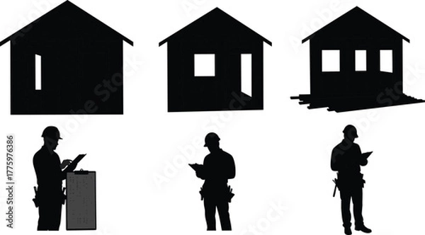 Obraz Silhouette of construction workers inspecting house framework, taking notes and checking building plans, home construction and inspection process illustration