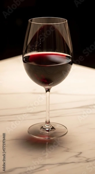 Fototapeta Elegant Red Wine Glass on Marble Table, Dramatic Lighting, Close-Up View.
