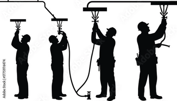Obraz Silhouette of construction workers installing ceiling sprinkler system, plumbing maintenance and industrial safety concept, fire protection installation and engineering service background