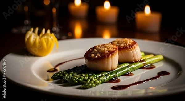 Fototapeta Elegant Seared Scallops with Asparagus and Lemon Garnish, Illuminated by Romantic Candlelight.