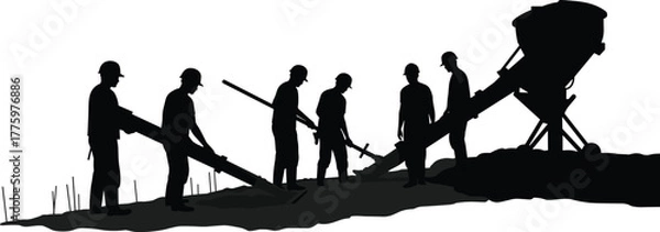 Obraz Silhouette of construction workers pouring and leveling concrete on a building site with machinery, teamwork, hard labor, and industry concept