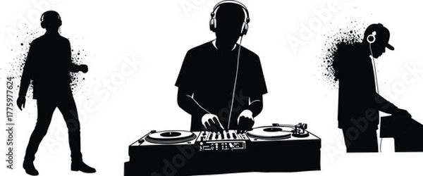 Obraz Silhouette of DJs performing music mixing on turntables and sound equipment, electronic dance party concept with headphones and creative artistic background