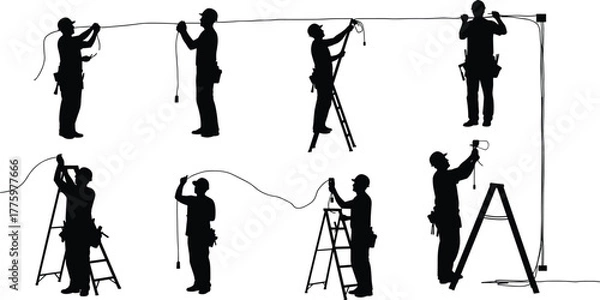 Obraz Silhouette of electrician installing electrical wiring and lighting fixtures using ladder and tools, construction worker at work, maintenance, repair, safety concept