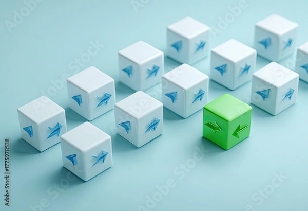 Obraz A single, lime-green cube,  distinct from surrounding white cubes, all showing blue arrow symbols