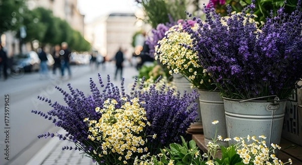Obraz bouquets of wildflowers spill from buckets on a city street vendor’s stall.