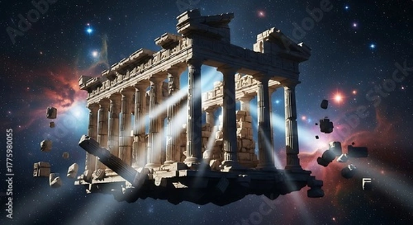 Fototapeta Ethereal Ancient Greek Temple Floating Amongst Cosmic Nebulae and Stars.