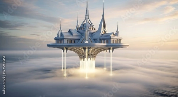 Fototapeta Ethereal Floating Palace Amidst Misty Clouds, Illuminated by Golden Light Beams.
