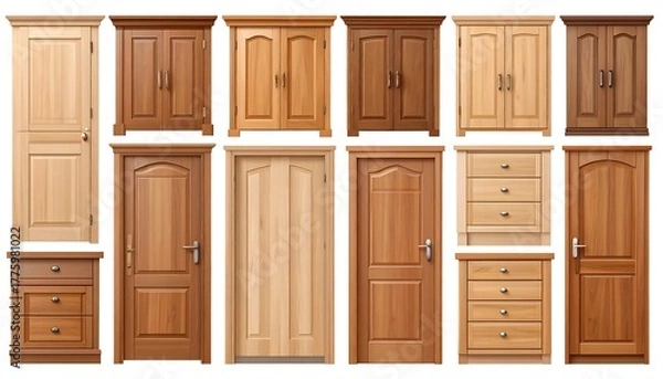 Fototapeta A collection of diverse wooden doors and cabinets in varying styles, tones, and designs, arranged in a row