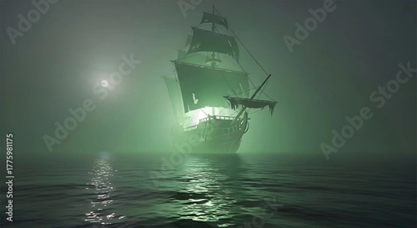 Fototapeta Ethereal Galleon Emerges from Mystical Green Fog on Calm, Reflective Sea.