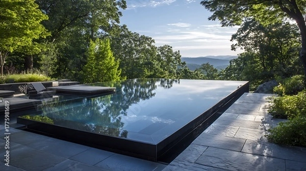 Obraz A luxurious infinity-edge swimming pool with dark, reflective water seamlessly merges with a serene forest and distant mountain landscape