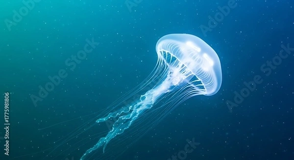 Fototapeta Ethereal Jellyfish Drifting in Deep Blue Ocean Waters, Illuminated.