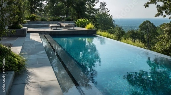 Obraz A luxurious infinity-edge swimming pool set in a modern backyard, offering a tranquil retreat with breathtaking views of the ocean and lush forest