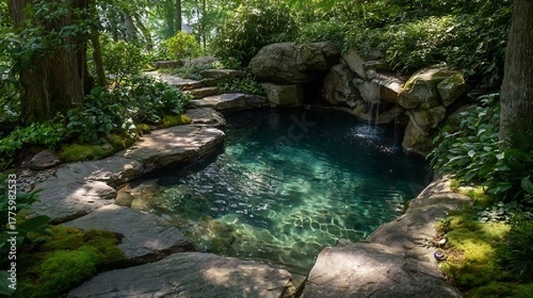 Obraz Tranquil natural swimming pool with crystal-clear water, enveloped by lush green trees and moss-covered rocks, featuring a gentle waterfall, perfect serene garden oasis