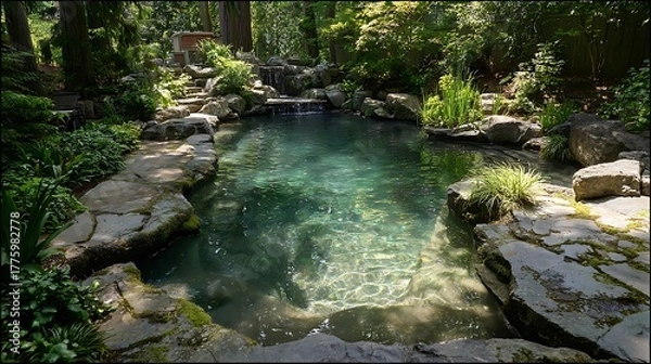 Obraz Serene backyard oasis featuring a natural stone swimming pond with crystal clear water nestled in a sun-dappled woodland garden