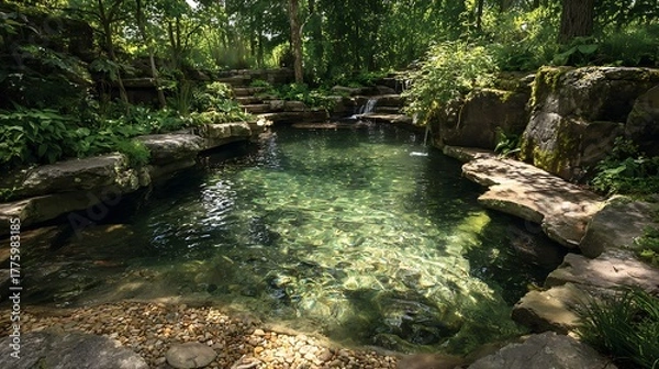 Obraz A serene and inviting natural pool nestled amidst a lush, verdant garden, showcasing crystal-clear water, smooth rocks, and vibrant foliage for a tranquil outdoor escape