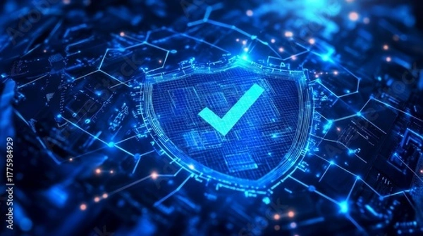 Fototapeta Deep blue, abstract network, glowing lines, spherical shield, transparent, hexagonal structure, check mark, bright, central, medical data, health records, insurance policy, document, protection,