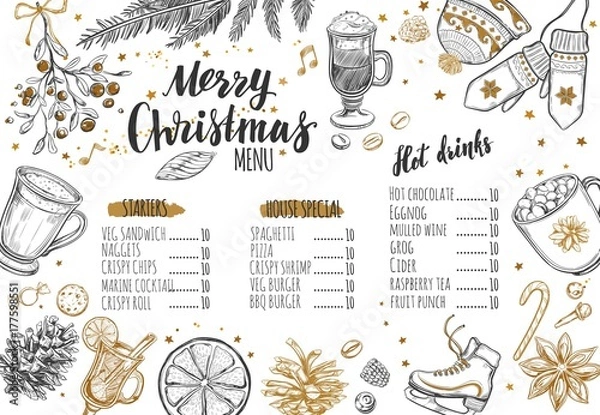 Obraz Merry Christmas festive Winter Menu on Chalkboard. Design template includes different Vector hand drawn illustrations and Brushpen Modern Calligraphy. Beverages, food and christmas elements.