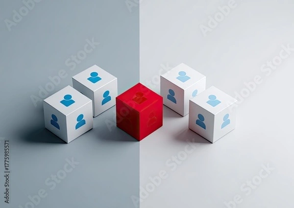 Obraz Red cube with person icon, surrounded by white cubes with blue person icons