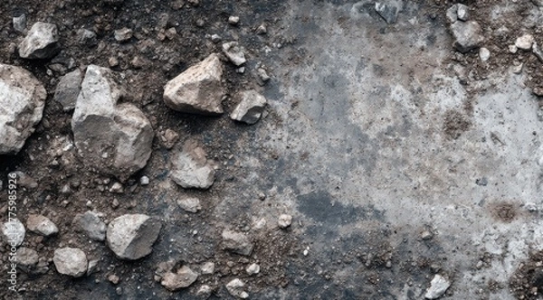 Fototapeta Close-up of dirt and rocks on a concrete surface