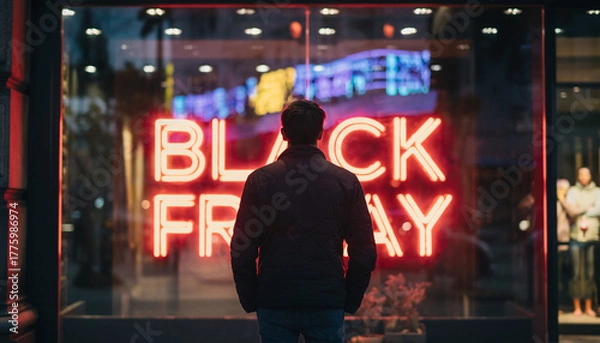 Obraz Urban shopper deeply engrossed by the allure of a vibrant promotional display during a busy retail event