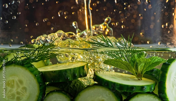 Obraz Dynamic close-up of clear water splashing over crisp cucumber and aromatic green herbs for pure hydration