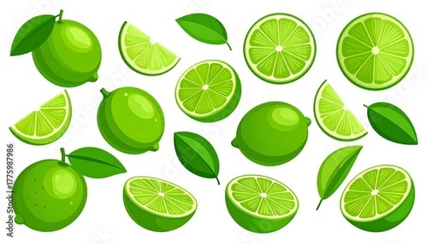 Fototapeta A collection of whole, sliced, and halved limes with leaves, vibrant green colors, and clean vector art style