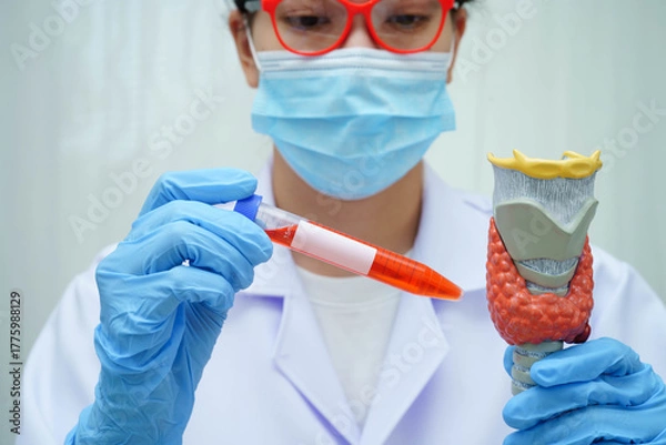 Fototapeta Doctor holding thyroid gland model and blood sample test tube in laboratory.