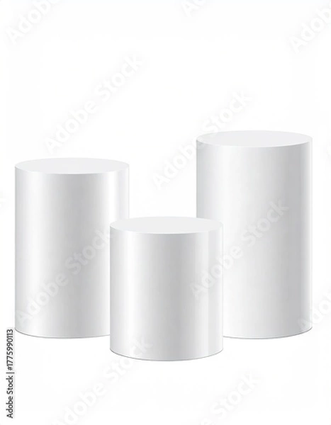 Fototapeta Three white cylinders, varying heights, isolated background