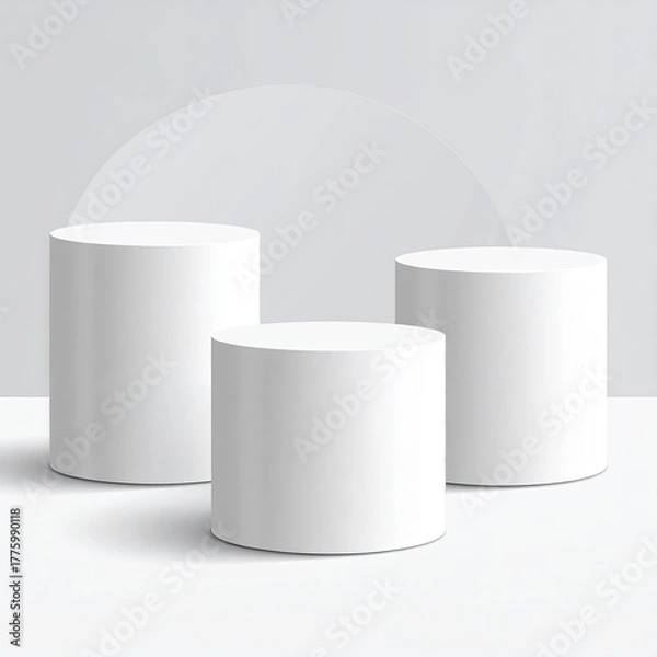 Fototapeta 3 white cylinder podiums against a simple background