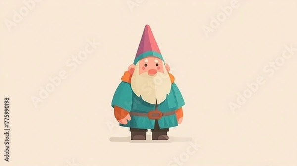Obraz Charming cartoon garden gnome character with a long white beard and pointy pink hat, designed in a simple flat illustration style