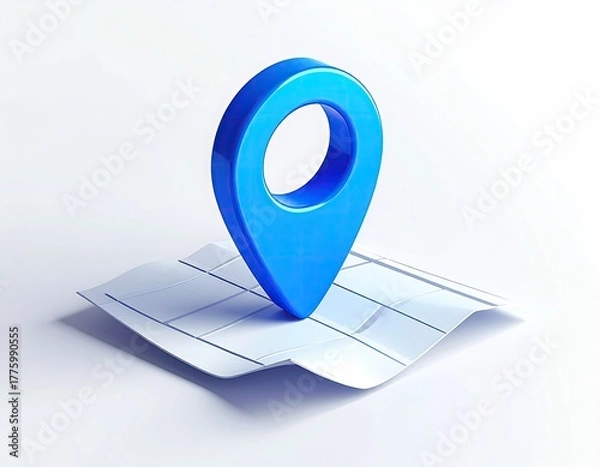 Fototapeta Blue location pin atop minimalist grid map, light backdrop