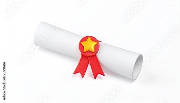 Fototapeta Rolled white document, tied with a red ribbon and star