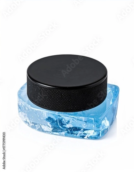 Fototapeta Hockey puck sits atop a block of light blue ice