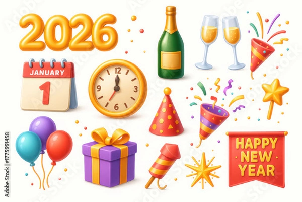 Fototapeta Festive New Year celebration with balloons, champagne, and fireworks, featuring calendar marking January 1, 2026, and Happy New Year banner