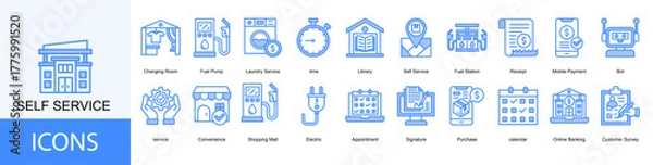 Fototapeta self service icon collection set. Containing Changing Room, Fuel Pump, Laundry Service, time, Library icon