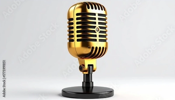 Fototapeta Glossy golden vintage microphone on simple black stand